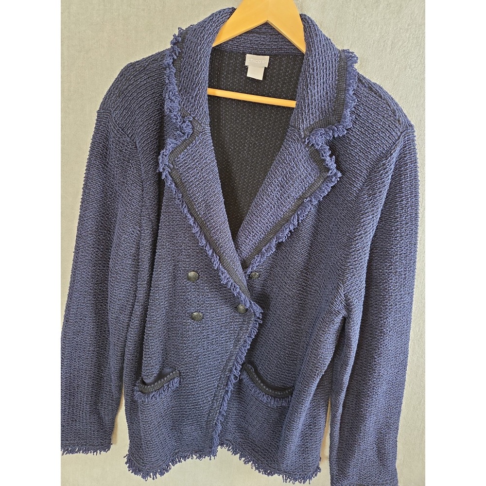 Chicos 4 Womens 2XL Fringe Trimmed Tweed Blazer Jacket Blue Career Old Money
